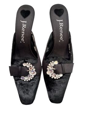 J.Renee Black Embellished Slip-On Mules Velvet Kitten Heels 8.5 Pointy Toe